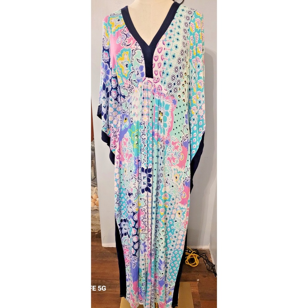 Ellen Tracy Bright Boho Patterned Caftan Maxi Lounge Festival Pull on Dress SZ S